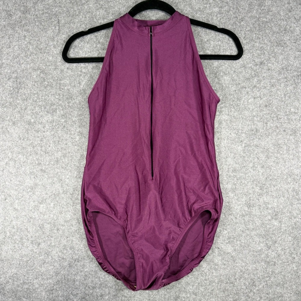 Suffolk Leotard Women Large Purple Mock Neck Mesh Back Zip Front Dancewear